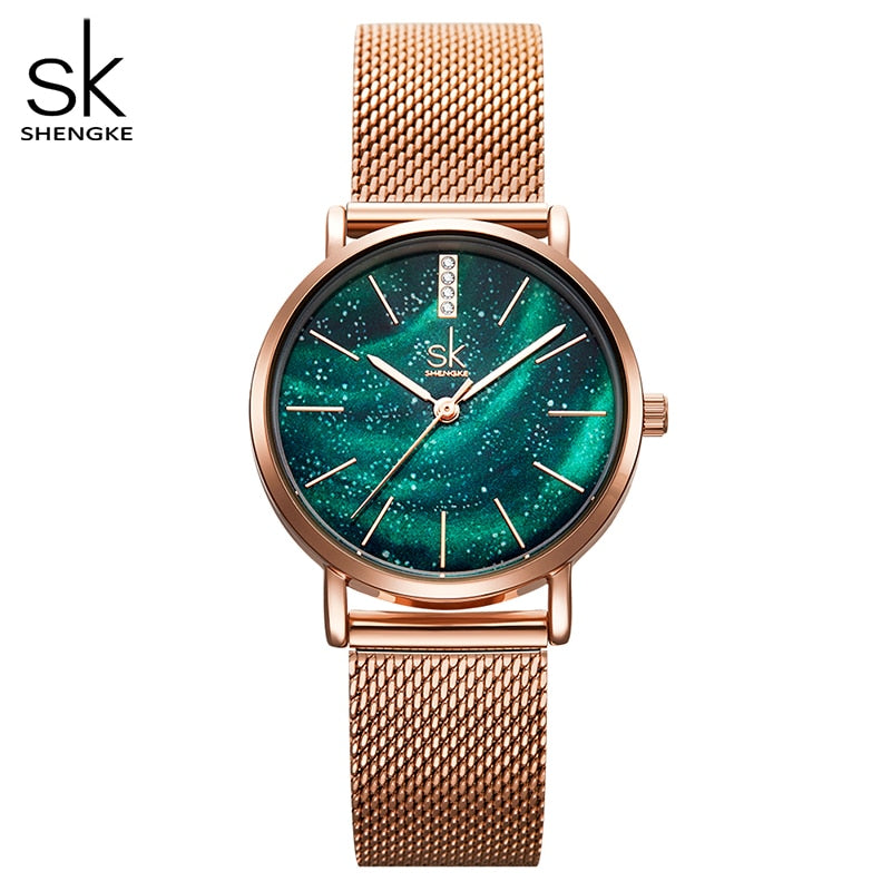 Shengke Women Watches Starry Green Dial Mesh Band Ladies Wristwatch Ultra-thin Stainless Steel Strap Quartz Montre Femme Gift