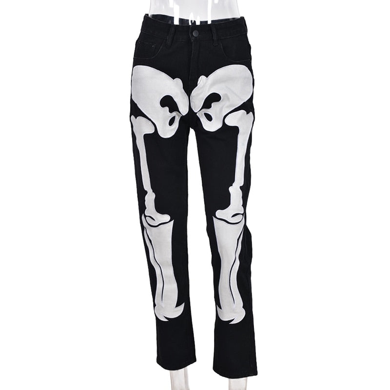 Simenual Skull Print Cyber ​​Ghetto Baddie Ropa Denim Jeans Street Style Zip Up Mujeres Pantalones de esqueleto Estilo urbano Vintage 2021