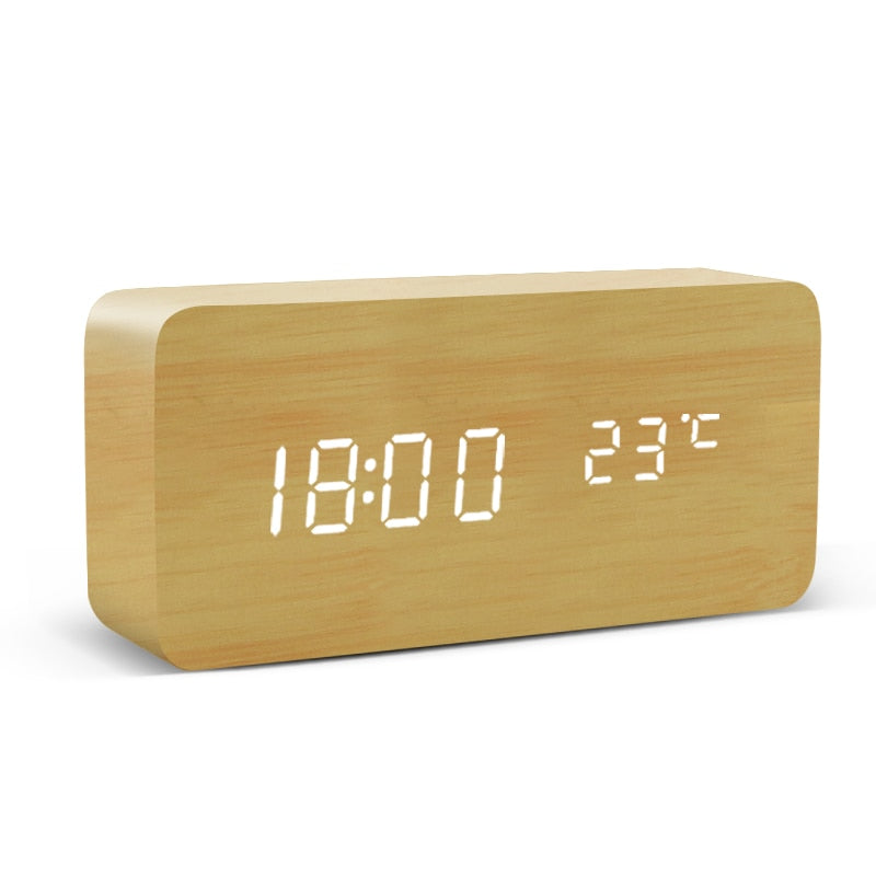 Reloj despertador LED Digital de madera alimentado por USB/AAA, reloj de mesa con temperatura, humedad, Control de voz, despertador, relojes electrónicos de escritorio