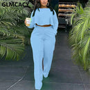 Women Two Piece Casual Suits Long Sleeve Dip Hem Crop Top Shirt &amp; Loose Pants Set
