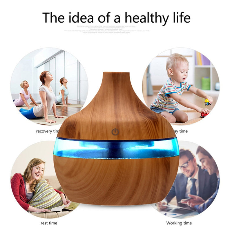 300ml Car Humidifier Aroma Essential Oil Diffuser Ultrasonic Wood Grain Air Humidifier USB Mini Mist Maker 7 LED Light Car Home