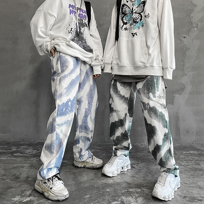 Koreanische Baumwolle Tie-Dye Hose Herrenmode Retro Freizeithose Herren Streetwear Wilde Lose Hip-Hop Gerade Hose Herren M-2XL