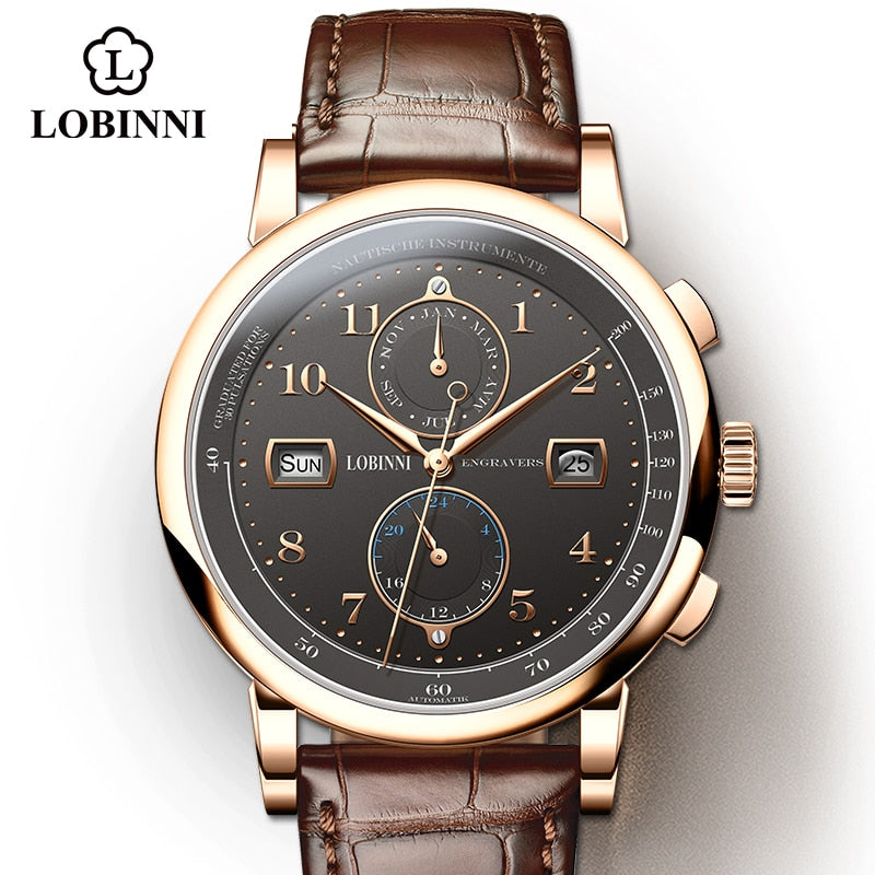 LOBINNI Business Watch Top-Marke Luxus Mode Mann Leder wasserdicht 50M männlich mechanische Armbanduhr mit Datumsanzeige Uhren