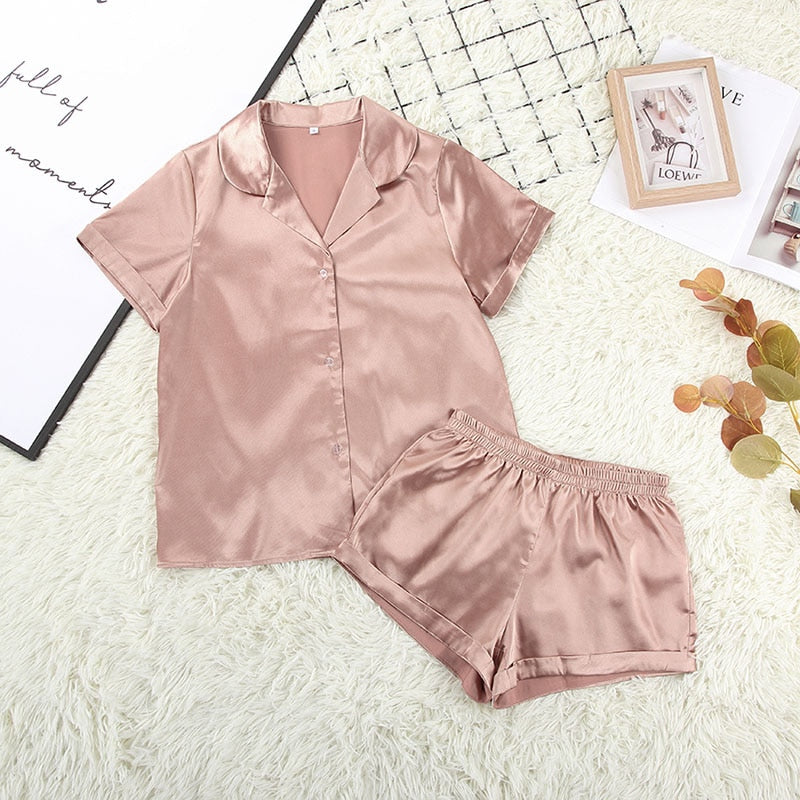 HiLoc Solid Satin Sleepwear Silk Pajamas Set Top And Shorts Two Piece Set Pyjamas Women Pajama Short Sleeve Home Suit Casual