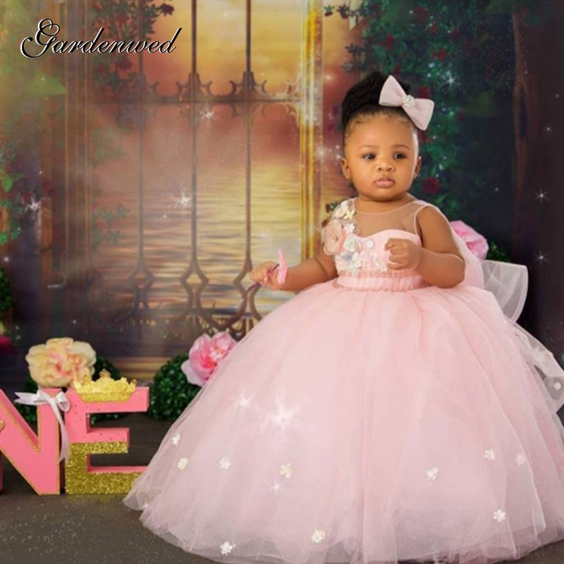 Puffy Pink Girl vestido de bola vestidos tul flor bebé bautismo primera comunión vestido lazo nudo flor niña vestido niña vestido de novia