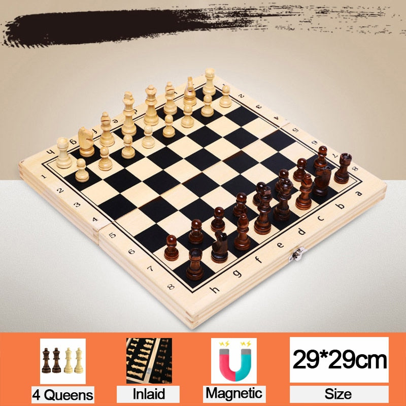 4 Queens Magnetic Chess Wooden Chess Set International Chess Game Wooden Chess Pieces Foldable Wooden Chessboard Gift Toy I55