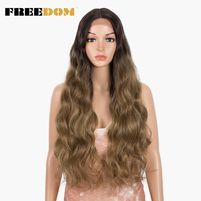 FREEDOM Synthetic Lace Wigs Long Natural Wave 30inch Omber Blue Rainbow Color Pink Hair Wigs Heat Resistant Fiber Cosplay Wigs