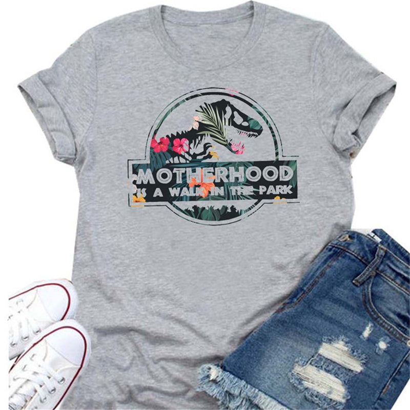 MOTHERHOOD IS A WALK IN THE PARK Letter Harajuku Print Women T shirt Cute Dinosaur Head Graphic Tshirt Female Vintage T-shirt