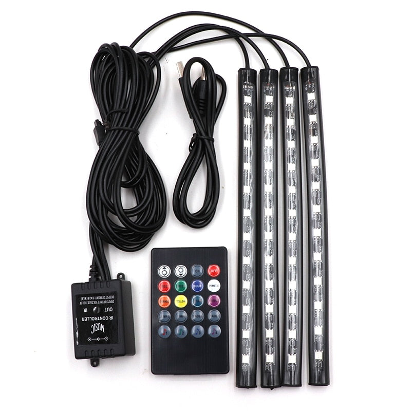 LED Car Foot Light Ambient Lamp USB APP Remote Music Control Multiple Modes Automotive Interior Decorative Lights