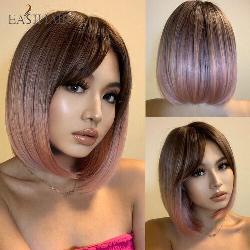 EASIHAIR marrón oscuro corto BoBo pelucas con flequillo resistente al calor pelucas de pelo sintético Cosplay Lolita pelucas femeninas para mujeres