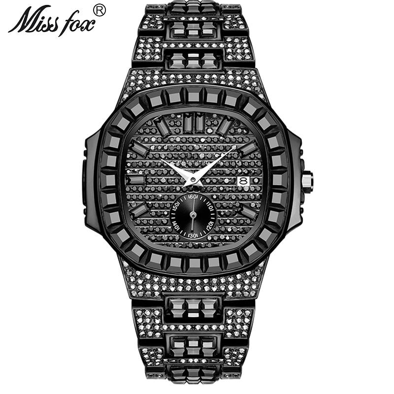 MISSFOX Iced Out Relojes Hombres Top Brand Luxury Watch Hombres Full Diamond Quartz-watch Bling Bling Hiphop Hot Rapper's Jewelry Watch