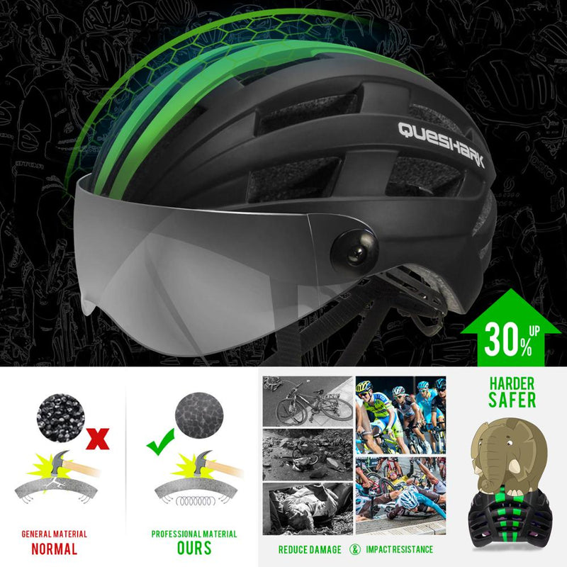 QUESHARK, casco de ciclismo ultraligero para hombres y mujeres, bicicleta de montaña, bicicleta de carretera, motocicleta, lente transparente extraíble, tapa segura QE116