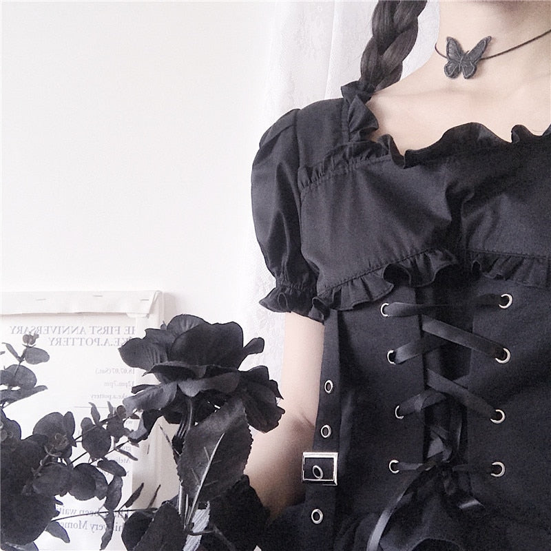 Viktorianisches Renaissance Schwarzes Gothic Lolita Kleid Japanisches Mädchen Vintage Punk Stil Puffärmel Bandage Minikleid Damen Kleider