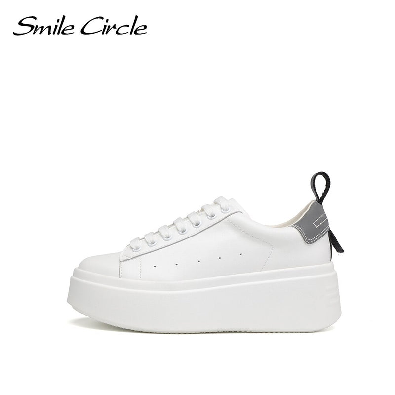 Zapatillas blancas con círculo sonriente, zapatos de plataforma plana para mujer, zapatos informales de punta redonda con suela gruesa, zapatillas gruesas bajas para mujer
