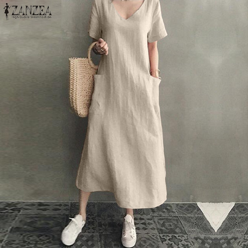 ZANZEA 2022 mujeres largo Maxi vestido de verano Casual algodón Lino señoras grandes bolsillos playa fiesta bata Mujer Vestidos