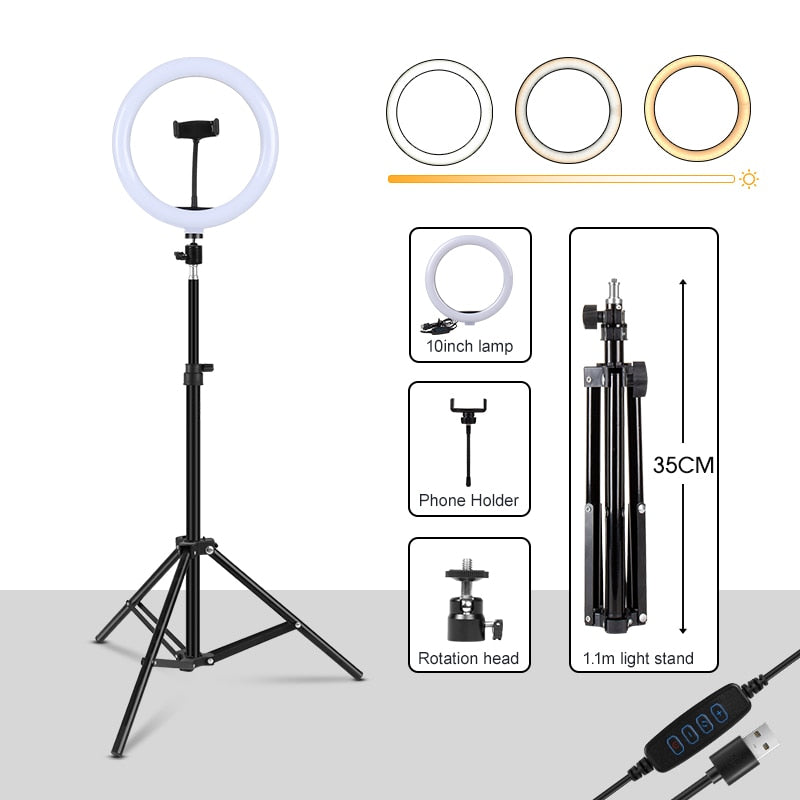 Dimmable Ring Light Selfie LED Round Lamps USB With Phone Holder 1.6M Tripod Stand For Tiktok Video Light Makeup Photography Set