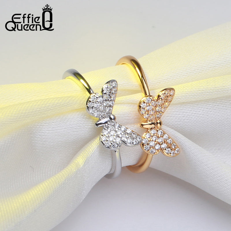 Effie Queen, anillos de plata de ley 925 auténtica para mujer, forma de mariposa con circonita AAA, anillo de plata/oro, joyería femenina BR59