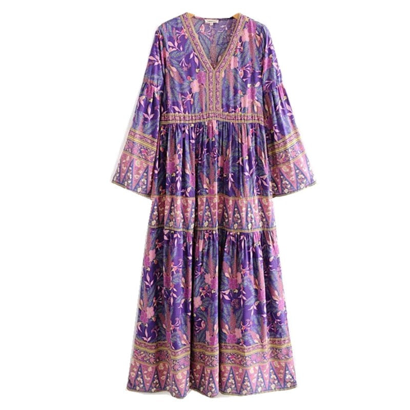 2019 Bohemia V neck Purple Leaves Floral print Dress Ethnic Woman Flare Long Sleeve Stitching Pleated Hem Dresses Holiday Beach