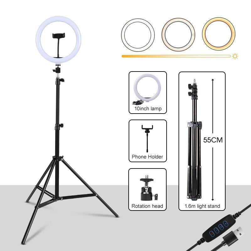 Dimmable Ring Light Selfie LED Round Lamps USB With Phone Holder 1.6M Tripod Stand For Tiktok Video Light Makeup Photography Set