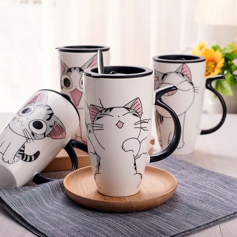 Taza de café de cerámica de gato bonito de 600ml con tapa, tazas de animales de gran capacidad, vasos creativos para beber, tazas de té y café, regalos novedosos, taza de leche