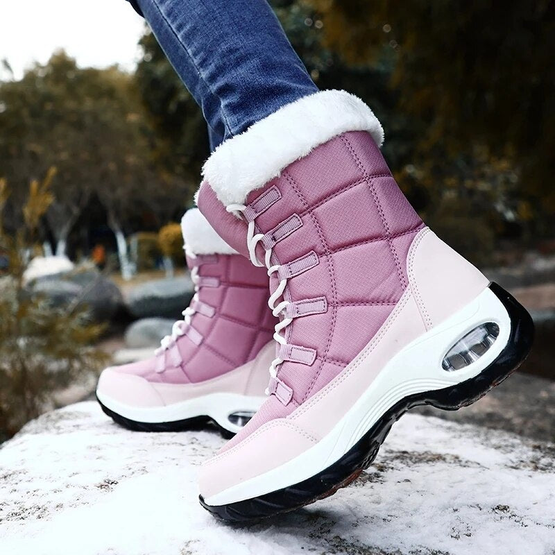 Botas de invierno impermeables de alta calidad para mujer, botas de nieve cálidas de felpa para mujer, zapatillas antideslizantes para exteriores, botines con plataforma de piel