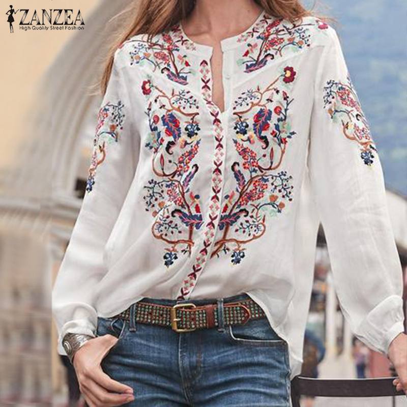 ZANZEA 2022 Fashion Printed Tops Women's Autumn Blouse Bohemian V Neck Long Sleeve Shirts Female Casual Loose Blusas Oversized