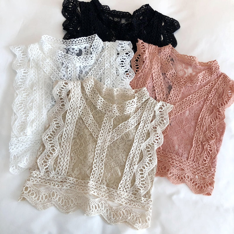 2022 Summer Lace Hollow Out Crop Tops Women Fashion Short Lacework Pullover Tank Vest Ladies Slim Elegant Outside Tank Tops