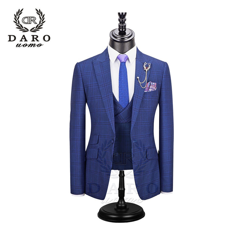 DARO 2022 nuevo traje de hombre 3 piezas traje a cuadros de moda Slim Fit azul púrpura vestido de boda trajes Blazer pantalón y chaleco DR8193