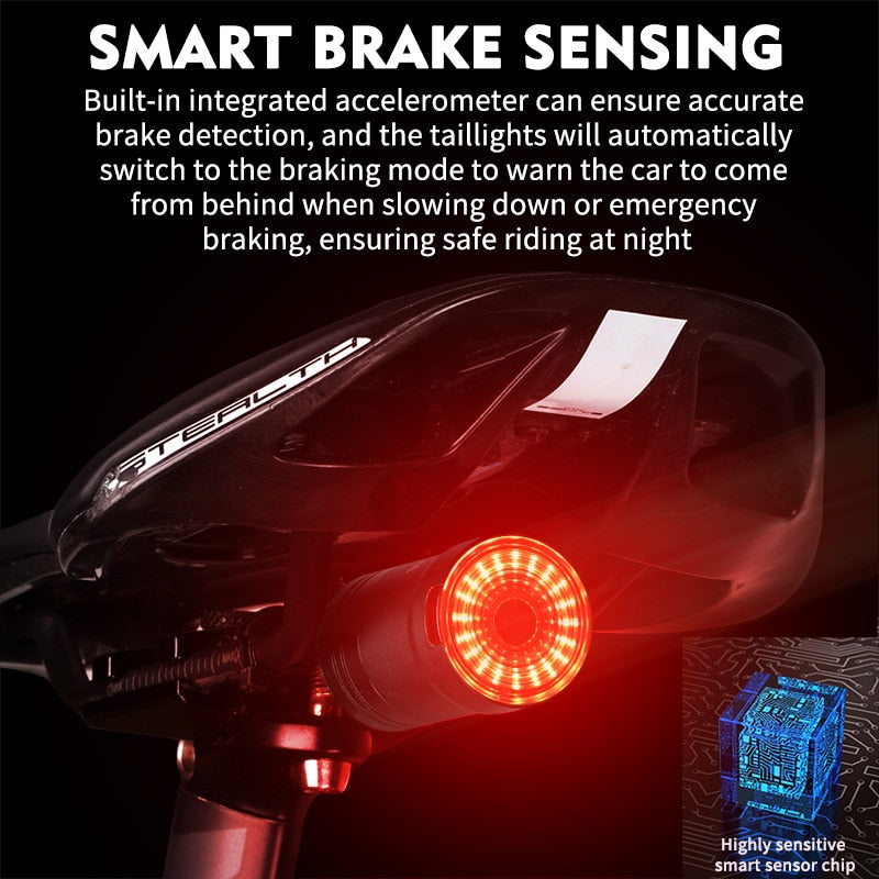 Smart Bicycle Flashlight MTB Road Bike Rear Light Auto Start/Stop Brake Sensing IPX6 Waterproof LED Charging Cycling Taillight