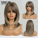 Medium Length Ombre Brown to Blonde Straight Hair Wigs with Bangs Synthetic Wigs for Women Cosplay Heat Resistant Natural Wigs