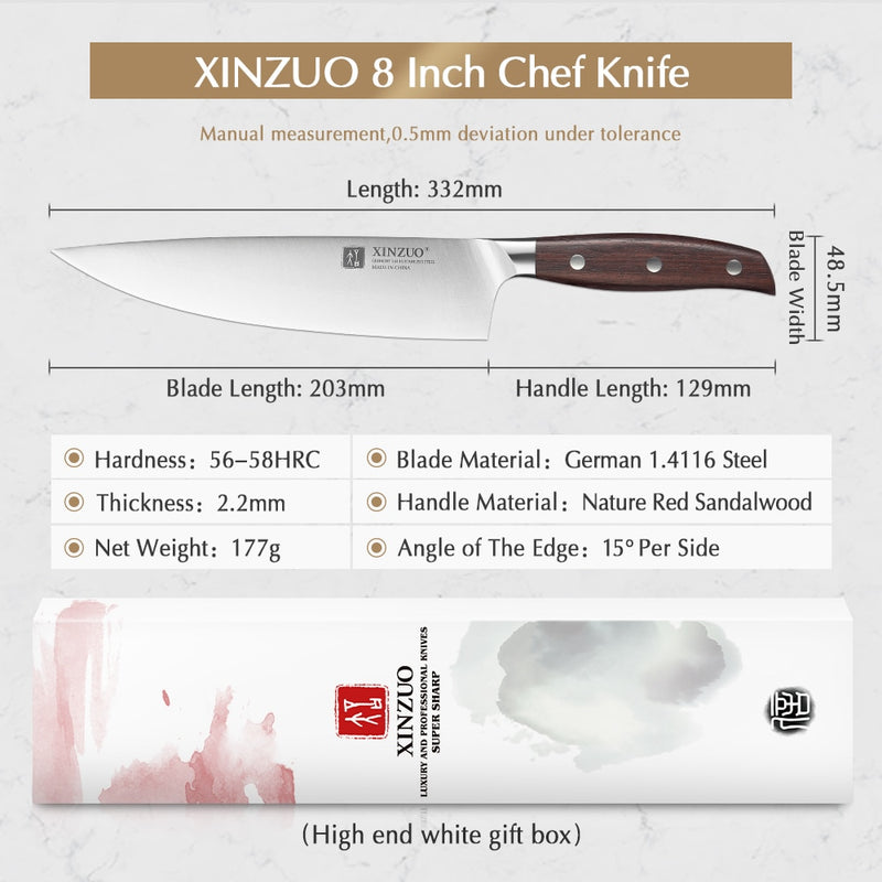 XINZUO 8&#39;&#39; Chef Knife German DIN 1.4116 Steel Kitchen Knives Stainless Steel Meat Vegetables Knife Kitchen Red Sandalwood Handle