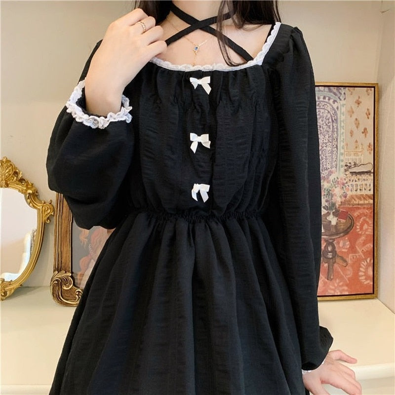 Vestido gótico Lolita japonés para mujer, vestido negro de gasa Vintage Kawaii, vestido informal de manga larga Y2k, nuevo otoño 2020 para mujer