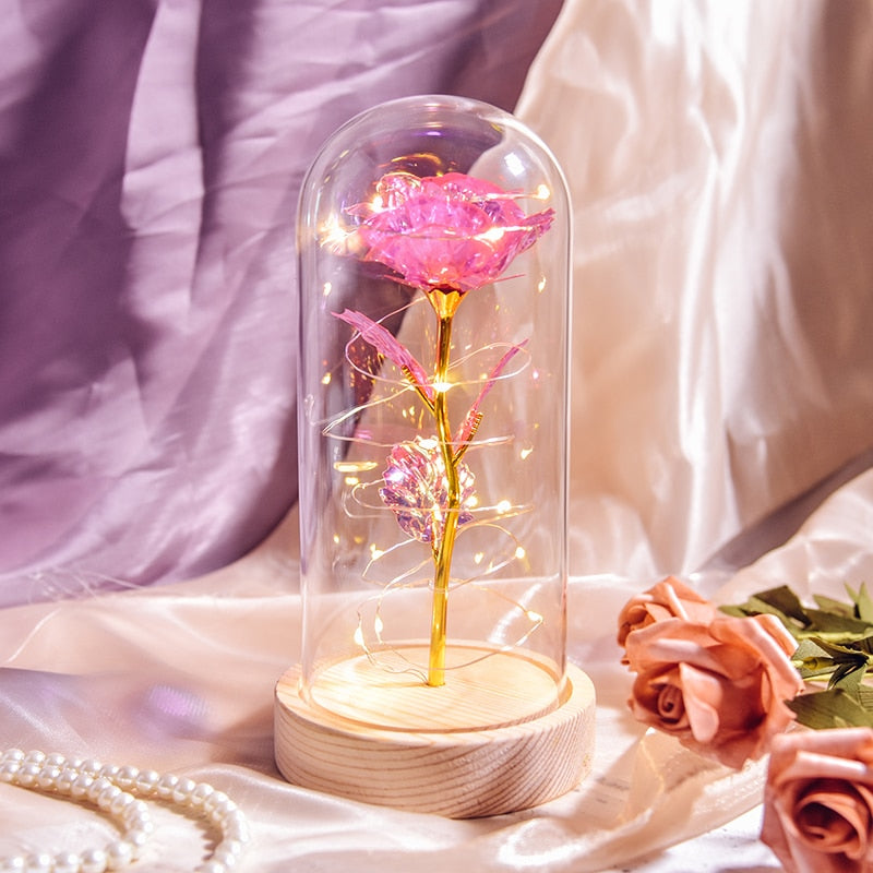 Regalo de Navidad La Bella y La Bestia Rosas preservadas en vidrio Galaxy Rose Flower LED Light Flor artificial Regalo para mujeres Niñas