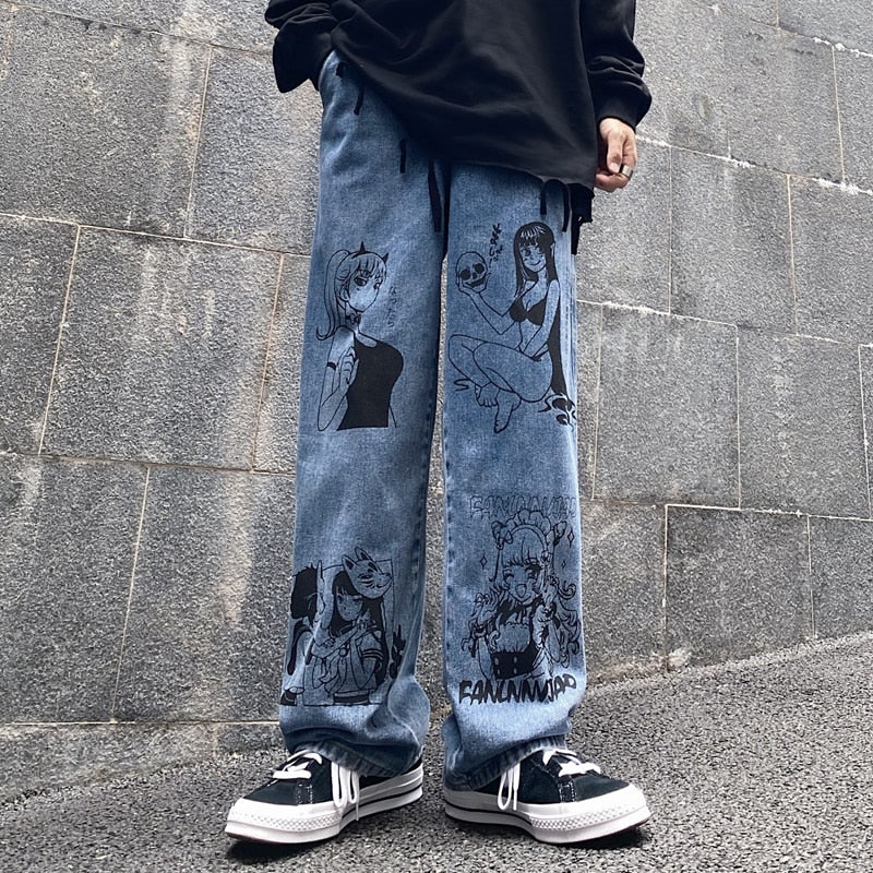 Vintage gewaschene Jeans Frauen Streetwear Jeans Harajuku Cartoon Anime Print Jeans Mode Mädchen Jeans lose Hose mit weitem Bein Baumwolle