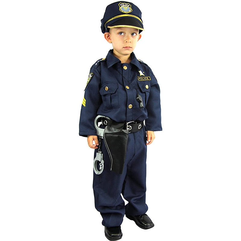 Deluxe Police Officer Costume and Role Play Kit Boys Halloween Carnival Party Performance Fancy Dress Uniform Outfit