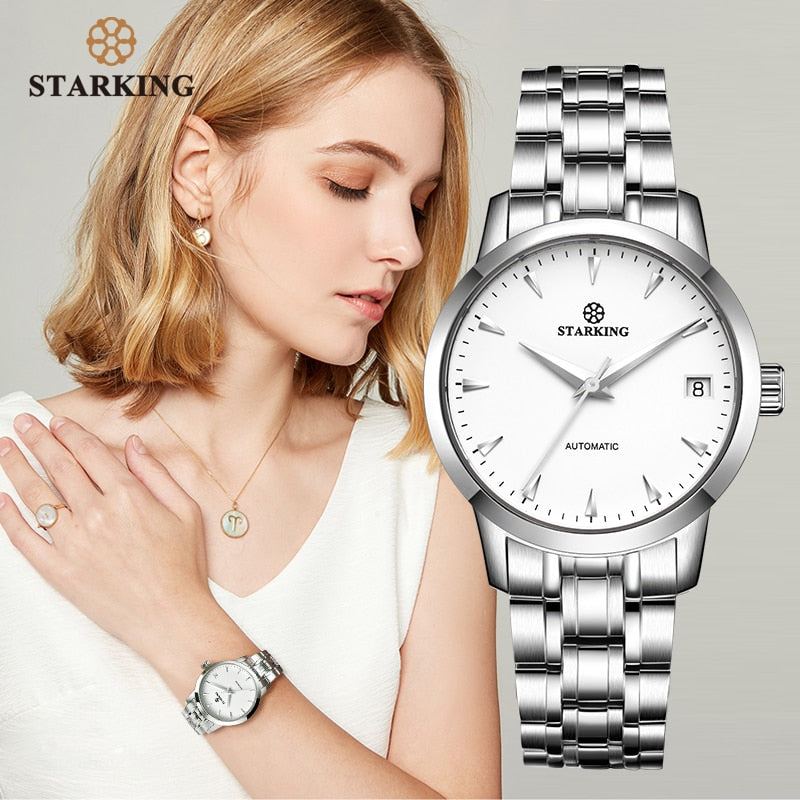 StarKing Classic Women Simple Watch Automatic Stainless Steel White Dial WristWatch Auto Date Ladies Mechanical Relogio Feminino