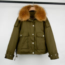 Janveny Real Fox Fur Women's Down Jacket 2021 Short Loose 90% White Duck Down Coat Fashion Female Big Pocket Puffer Snow Outwear