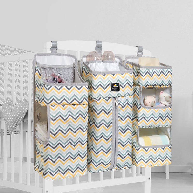 Sunveno Crib Organizer for Baby Crib Hanging Storage Bag Baby Clothing Caddy Organizer for Essentials Bedding Diaper Nappy Bag