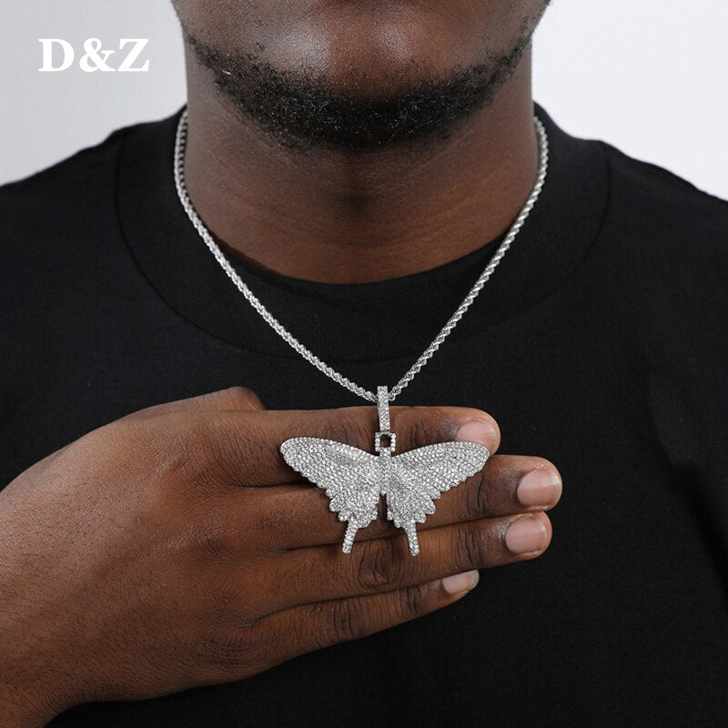 D&Z New Full Iced Out Butterfly Wings Pendant Necklace Solid Back Pendant Gold Silver Color Hip Hop Charm Chain Jewelry