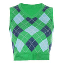 Sweetown Argyle Plaid Knitted Tank Top Female Knitwear Preppy Style Clothes V Neck Casual Crop Sweater Vest 90s Streetwear
