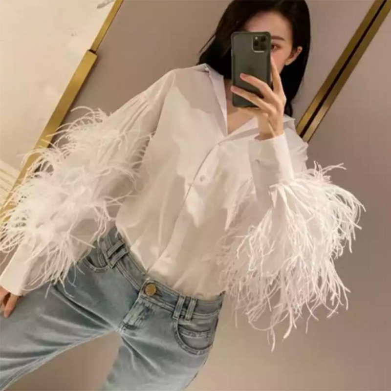 TWOTWINSTYLE, blusa informal de plumas de retazos para mujer, camisa blanca lisa con manga acampanada y solapa, ropa nueva de moda para mujer 2021