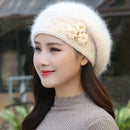 Beret Women Hat Angora Winter Warm Flower Soft Double Layers Thermal Snow Outdoor Accessory Female
