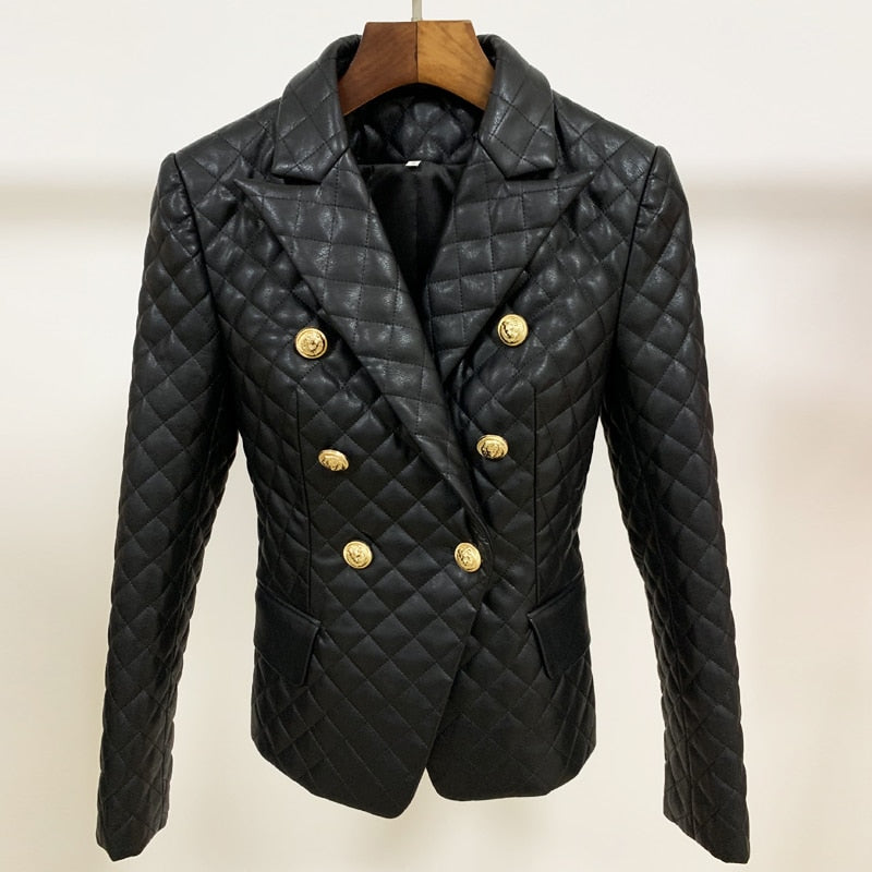 TOP QUALITY 2022 Newest Designer Jacket Women's Double Breasted Lion Buttons Grid Sewing Synthetic Leather Blazer