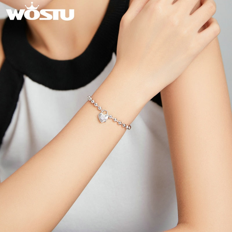 WOSTU Echtes 925 Sterling Silber Herz Armband Perlenkette Armband Für Frauen Hochzeit Original Armband Authentischer Schmuck CQB203