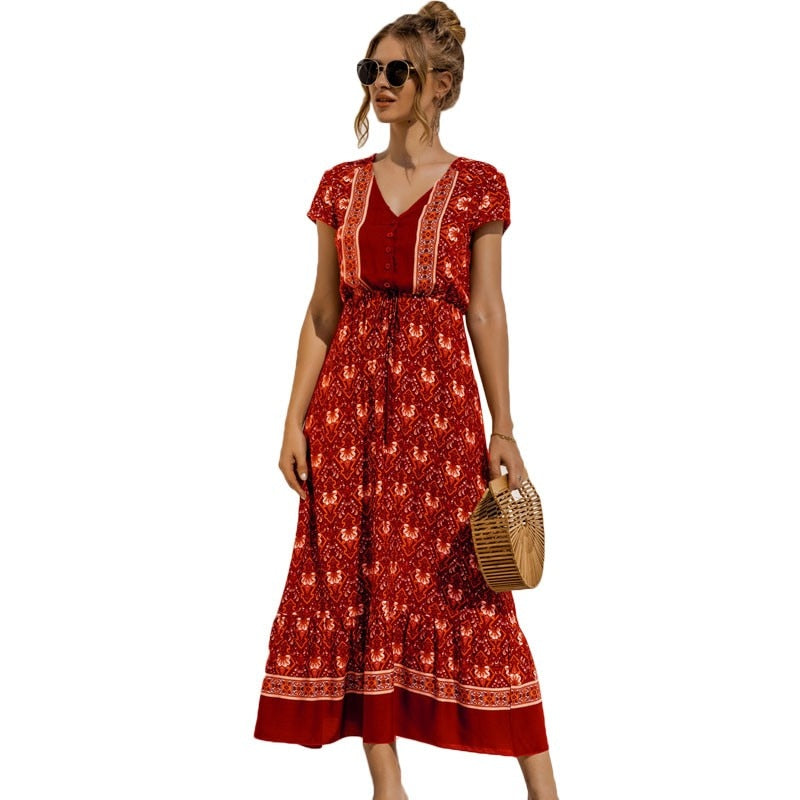 Viskose Frauen Sommer Boho Kleid Bohemian Maxi 2021 Lässig V-Ausschnitt Kurzarm Knopf Blumendruck Langes Strandkleid Vestidos