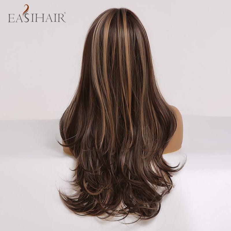 EASIHAIR Long Wavy Brown Synthetic Wigs With Blonde Highlights Cosplay Natural Hair Wigs High Temperature Fiber For Black Women