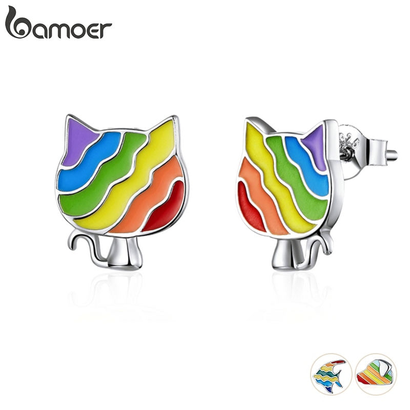 bamoer Rainbow Enamel Stud Earrings for Women 925 Sterling Silver Animal Fish Cat and Dog Fashion Jewelry Bijoux SCE823