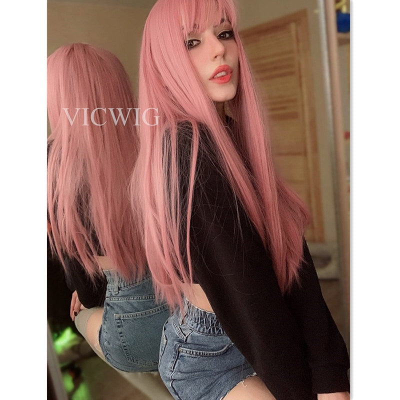 Peluca de Cosplay VICWIG con flequillo, pelo liso sintético, peluca rosa resistente al calor de 24 pulgadas de largo para mujer