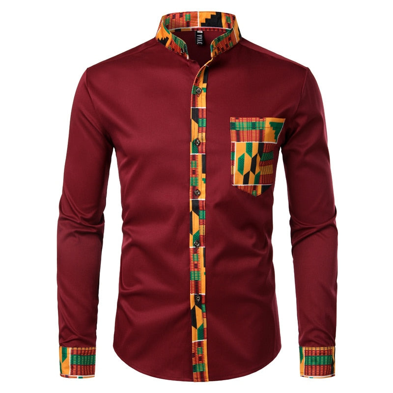 Dashiki, camisa africana para hombre, camisa con estampado africano de bolsillo de retazos, camisa de vestir para hombre con cuello de diseño de manga larga de estilo Ankara para hombre