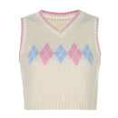 Sweetown Argyle Plaid Knitted Tank Top Female Streetwear Preppy Style New Clothes Stripe VNeck Cropped Knitwear 90s Sweater Vest